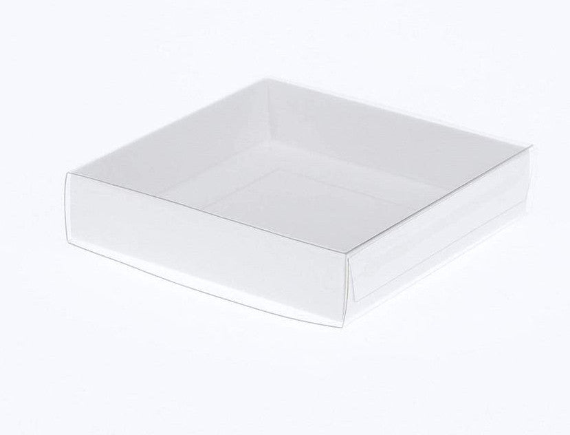 100 Pack of 10cm Square Invitation Coaster Favor Function product Presentation Cookie Biscuit Patisserie Gift Box - 4cm deep - White Card with Clear Slide On PVC Lid - Next Deals AU