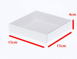 100 Pack of 15cm Square Invitation Coaster Favor Function product Presentation Cookie Biscuit Patisserie Gift Box - 4cm deep - White Card with Clear Slide On PVC Lid - Next Deals AU