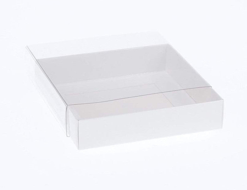 10 Pack of 15cm Square Invitation Coaster Favor Function product Presentation Cookie Biscuit Patisserie Gift Box - 4cm deep - White Card with Clear Slide On PVC Lid - Next Deals AU