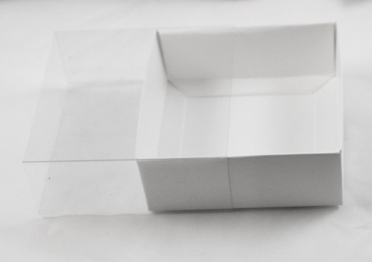 10 Pack of 8cm Square Wedding Invitation Coaster Favor Function product Presentation Cookie Biscuit Patisserie Gift Box - 2cm deep - White Card with Clear Slide On PVC Lid - Next Deals AU
