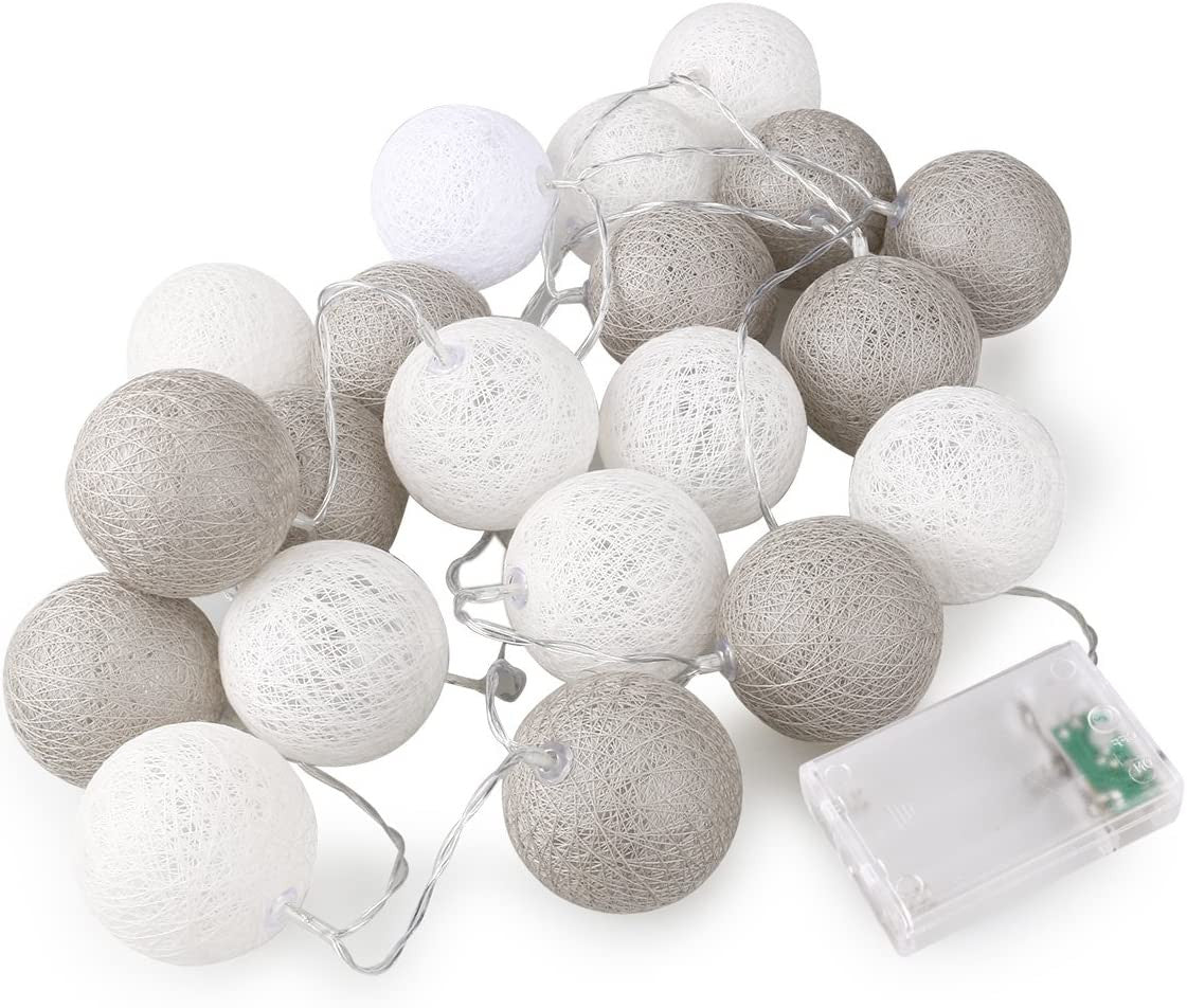 1 Set of 20 LED Grey White 5cm Cotton Ball Battery Powered String Lights Gift Home Wedding Party Bedroom Decoration Outdoor Indoor Table Centrepiece - Next Deals AU