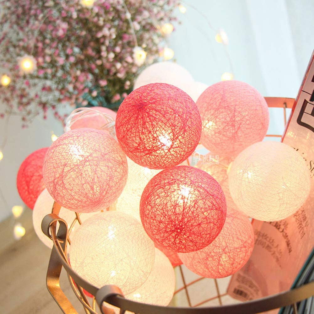 1 Set of 20 LED Pink 5cm Cotton Ball Battery Powered String Lights Christmas Gift Home Wedding Party Girl Bedroom Decoration Outdoor Indoor Table - Next Deals AU