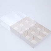 50 Pack of White Card Chocolate Sweet Soap Product Reatail Gift Box - 12 bay 4x4x3cm Compartments - Clear Slide On Lid - 16x12x3cm