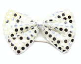 SEQUIN BOW TIE Polka Dots Bowtie Party Unisex Costume 13cm x 9cm Clown - White/Silver