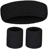 WRISTBAND & HEADBAND SET Tennis Terry Towelling Cotton Sweat Band Team Gym - Black