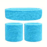 WRISTBAND & HEADBAND SET Tennis Terry Towelling Cotton Sweat Band Team Gym - Sky Blue