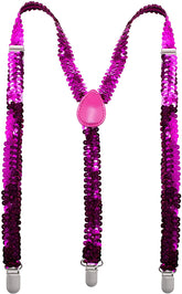 SEQUIN SUSPENDERS Unisex Adjustable Braces Clip On Elastic Y-Back - Hot Pink