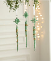 Green Glitter Icicle Christmas Ornaments with Star Tops - Set of 3 Hanging Decorations(5 set in total)