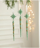 Green Glitter Icicle Christmas Ornaments with Star Tops - Set of 3 Hanging Decorations(5 set in total)