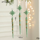 Green Glitter Icicle Christmas Ornaments with Star Tops - Set of 3 Hanging Decorations(5 set in total)
