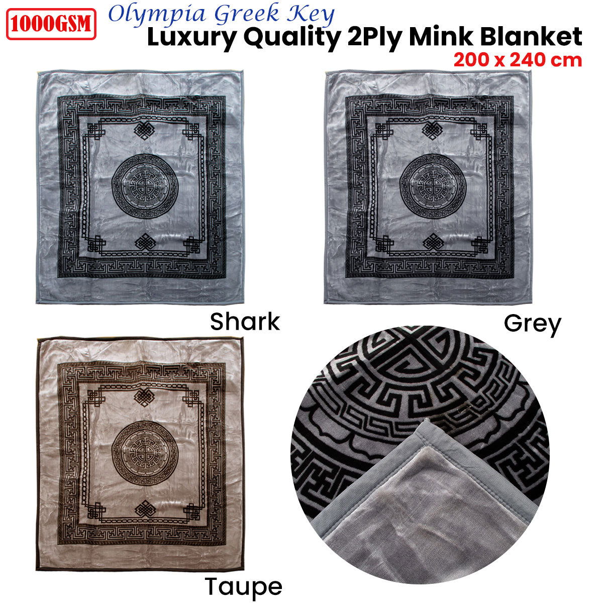 1000GSM Olympia Greek Key Luxury Quality 2 Ply Mink Blanket Queen Grey - Next Deals AU