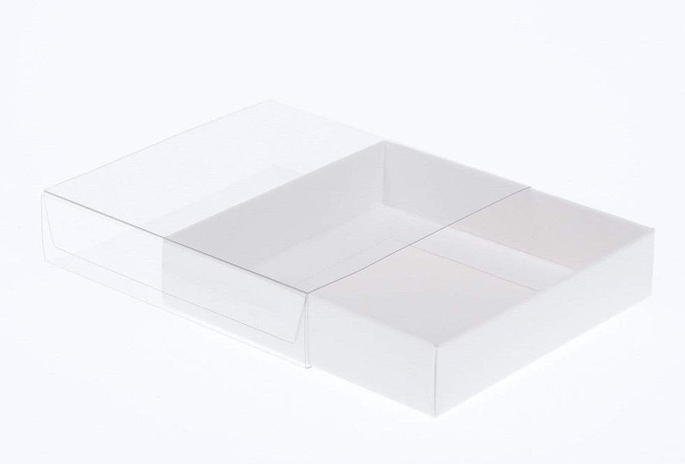 100 Pack of 10cm Square Invitation Coaster Favor Function product Presentation Cookie Biscuit Patisserie Gift Box - 4cm deep - White Card with Clear Slide On PVC Lid - Next Deals AU