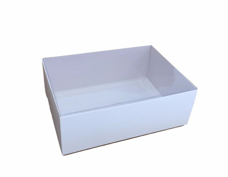 100 Pack of White Card Box - Clear Slide On Lid - 30 x 20 x 8cm -  Large Beauty Product Gift Giving Hamper Tray Merch Fashion Cake Sweets Xmas - Next Deals AU