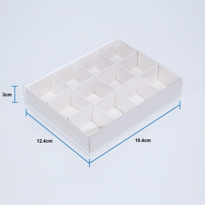 100 Pack of White Card Chocolate Sweet Soap Product Reatail Gift Box - 12 bay 4x4x3cm Compartments  - Clear Slide On Lid - 16x12x3cm - Next Deals AU