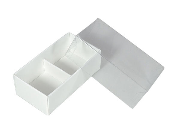 100 Pack of White Card Chocolate Sweet Soap Product Reatail Gift Box - 2 Bay Compartments - Clear Slide On Lid - 8x4x3cm - Next Deals AU