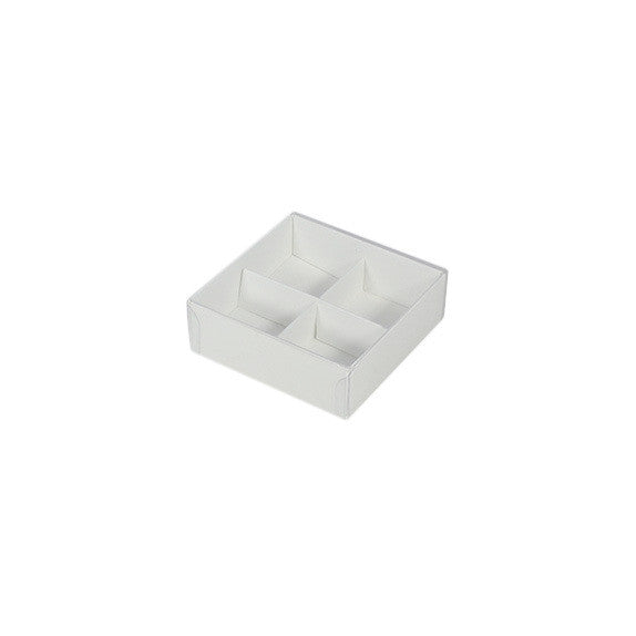100 Pack of White Card Chocolate Sweet Soap Product Reatail Gift Box - 4 Bay Compartments - Clear Slide On Lid - 8x8x3cm - Next Deals AU