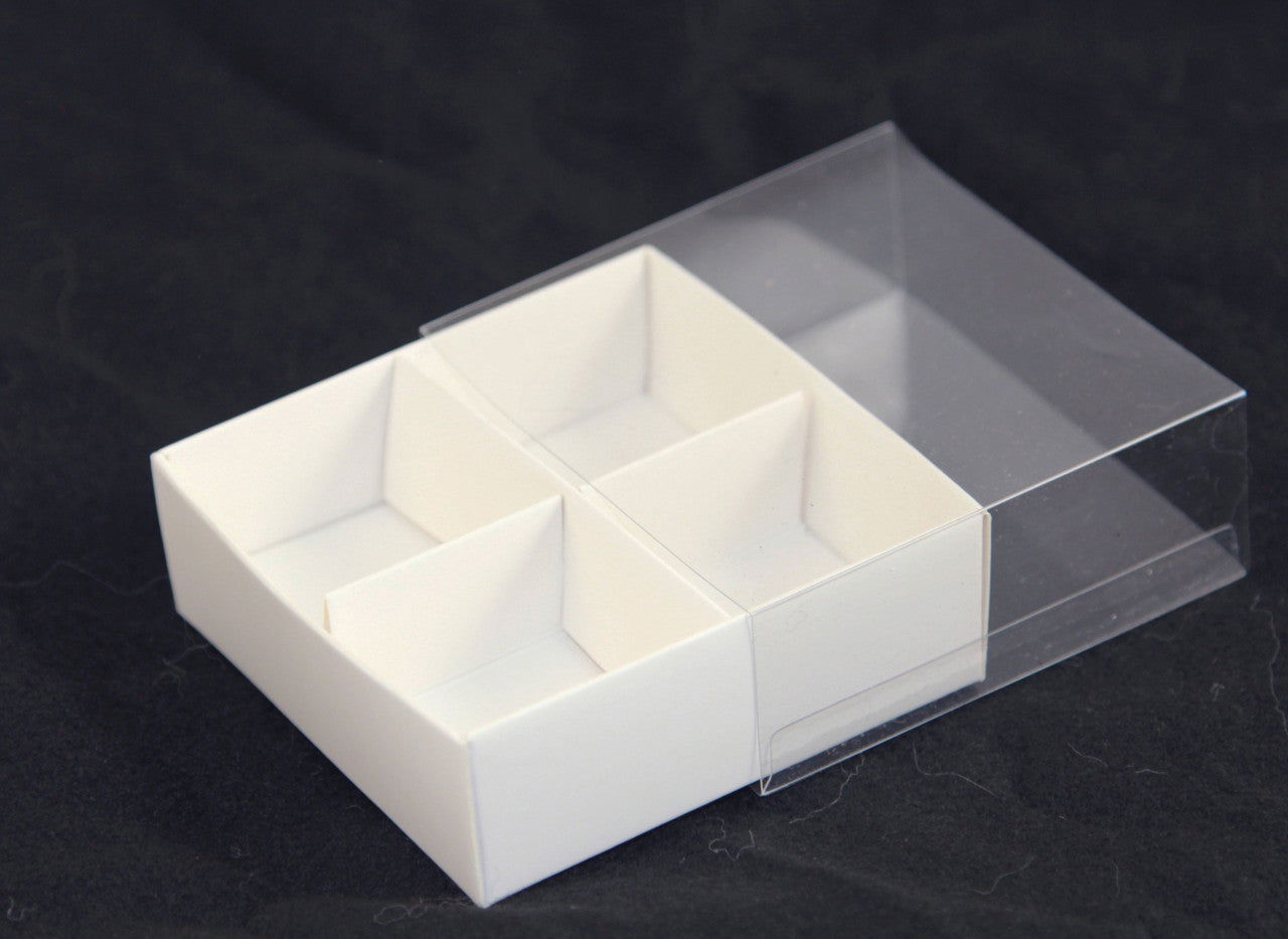 100 Pack of White Card Chocolate Sweet Soap Product Reatail Gift Box - 4 Bay Compartments - Clear Slide On Lid - 8x8x3cm - Next Deals AU