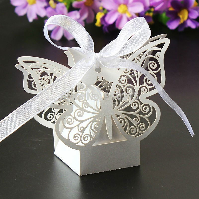 100 Piece Pack - Ivory Cream Butterfly Wedding Engagement Party Bomboniere Favour Lolly Gift Almond Card Box - Next Deals AU