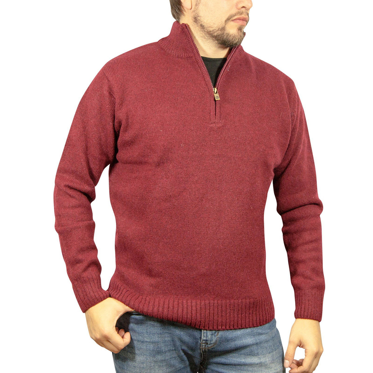 100% SHETLAND WOOL Half Zip Up Knit JUMPER Pullover Mens Sweater Knitted - Burgundy (97) - XXL - Next Deals AU