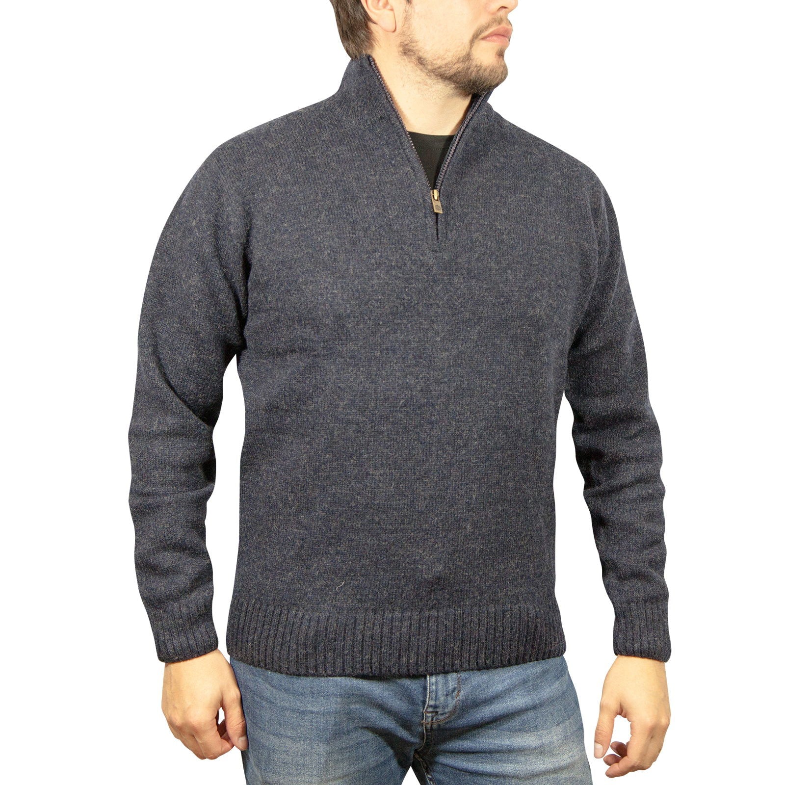 100% SHETLAND WOOL Half Zip Up Knit JUMPER Pullover Mens Sweater Knitted - Denim Blue (45) - S - Next Deals AU