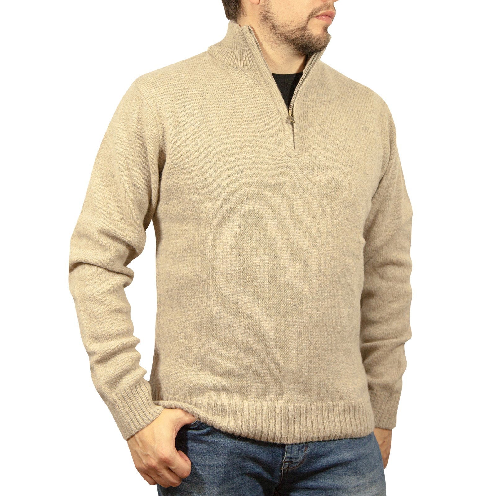 100% SHETLAND WOOL Half Zip Up Knit JUMPER Pullover Mens Sweater Knitted - Oat Marle (03) - XXL - Next Deals AU