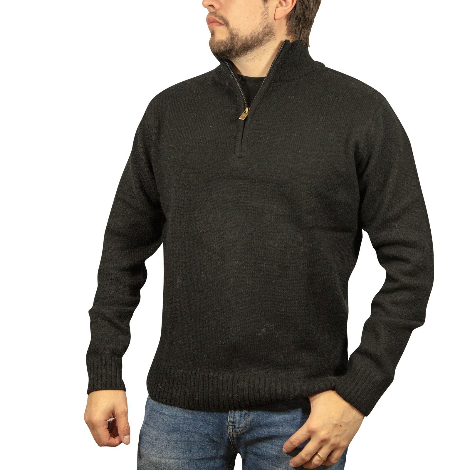 100% SHETLAND WOOL Half Zip Up Knit JUMPER Pullover Mens Sweater Knitted - Plain Black - 6XL - Next Deals AU