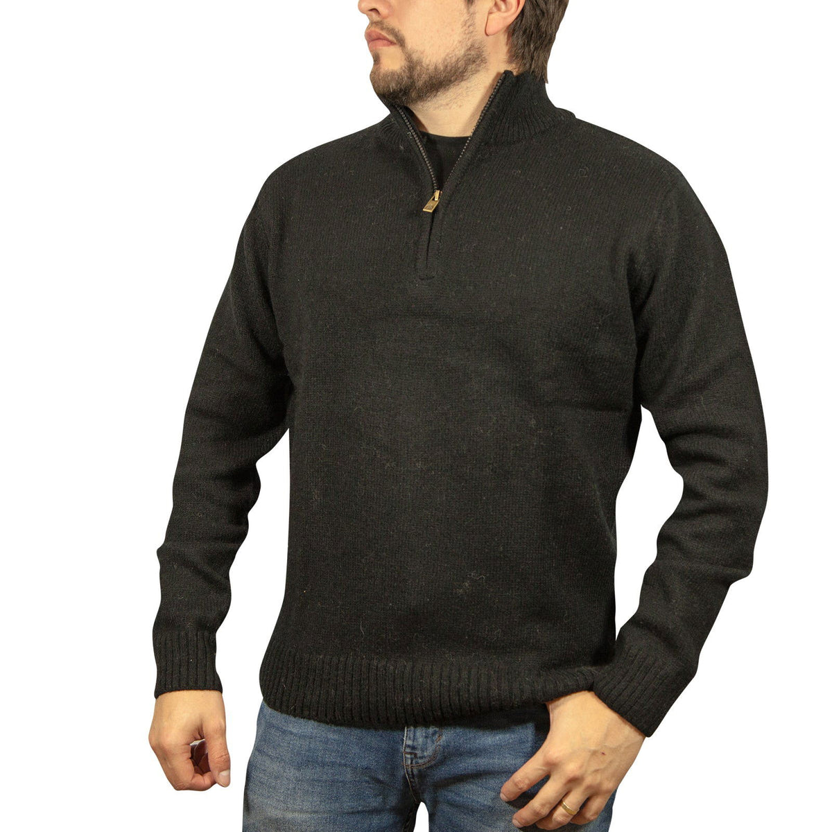 100% SHETLAND WOOL Half Zip Up Knit JUMPER Pullover Mens Sweater Knitted - Plain Black - XXL - Next Deals AU