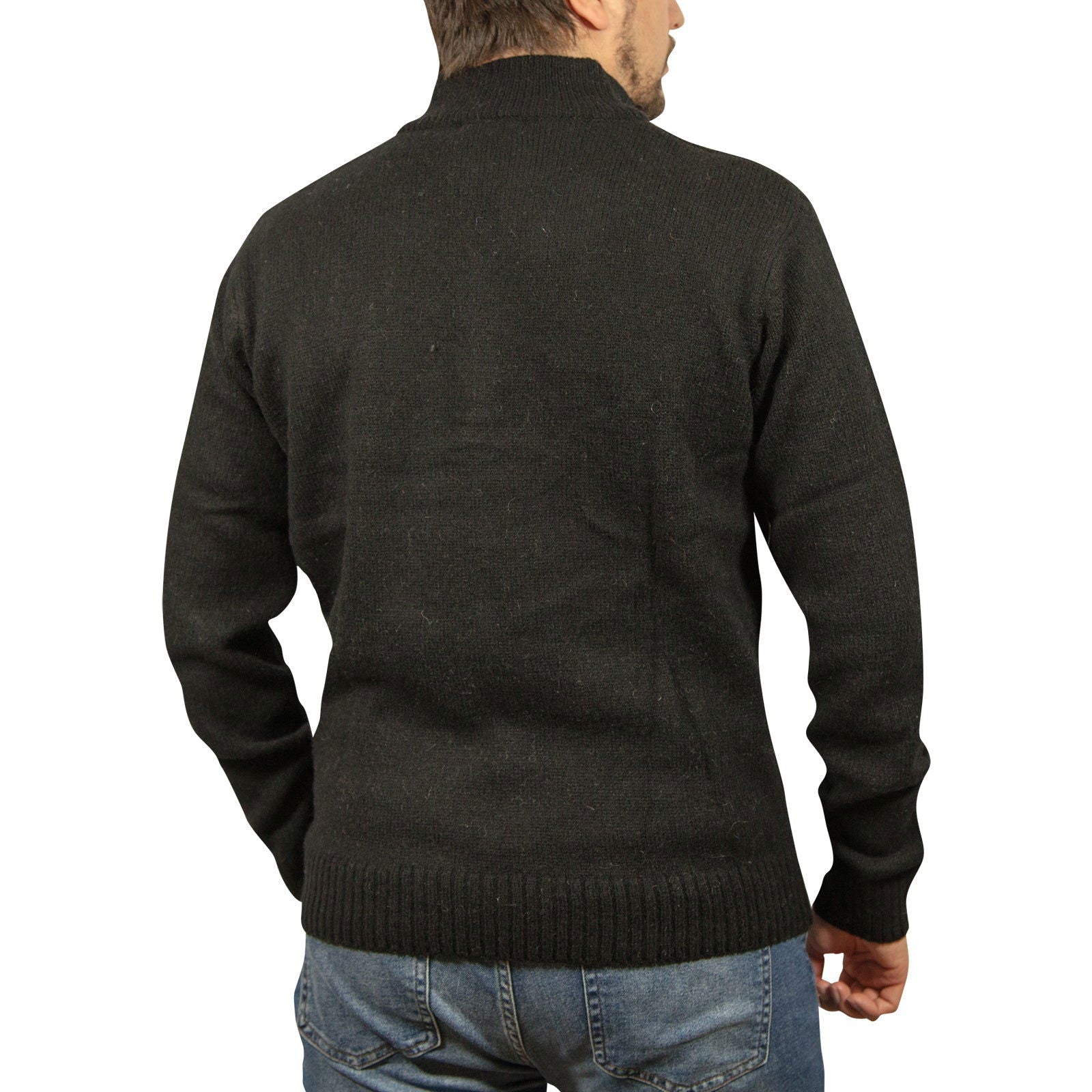 100% SHETLAND WOOL Half Zip Up Knit JUMPER Pullover Mens Sweater Knitted - Plain Black - XXL - Next Deals AU