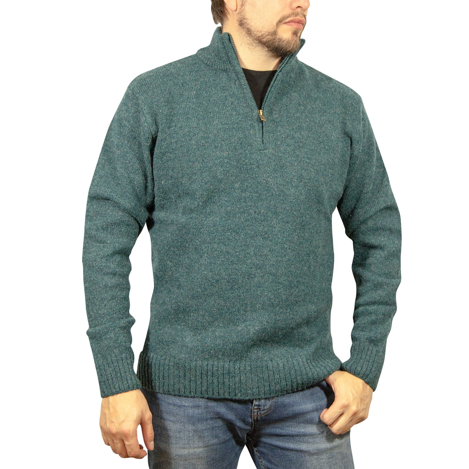 100% SHETLAND WOOL Half Zip Up Knit JUMPER Pullover Mens Sweater Knitted - Sherwood (32) - 5XL - Next Deals AU