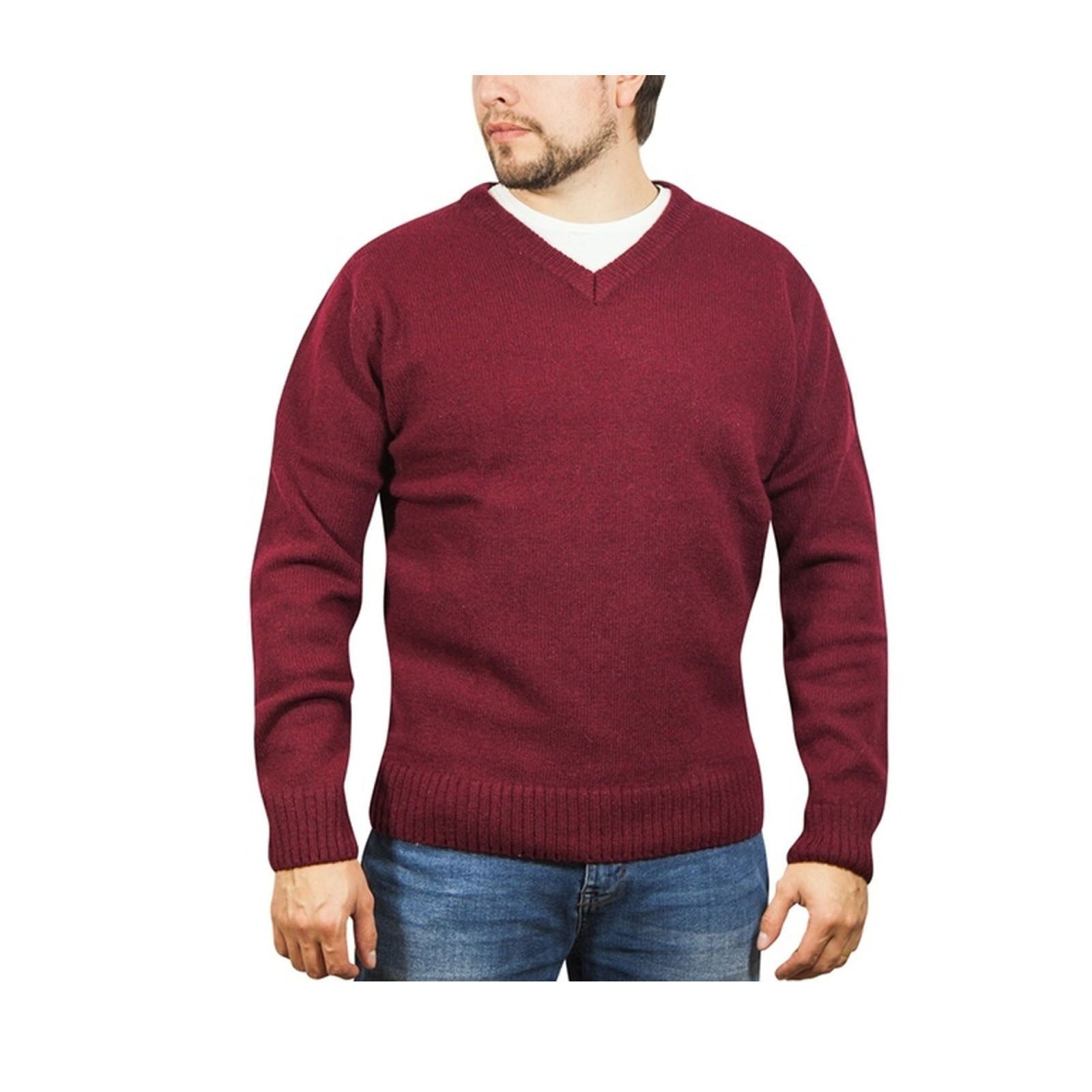 100% Shetland Wool V Neck Knit Jumper Pullover Mens Sweater Knitted - Burgundy (97) - XXL - Next Deals AU