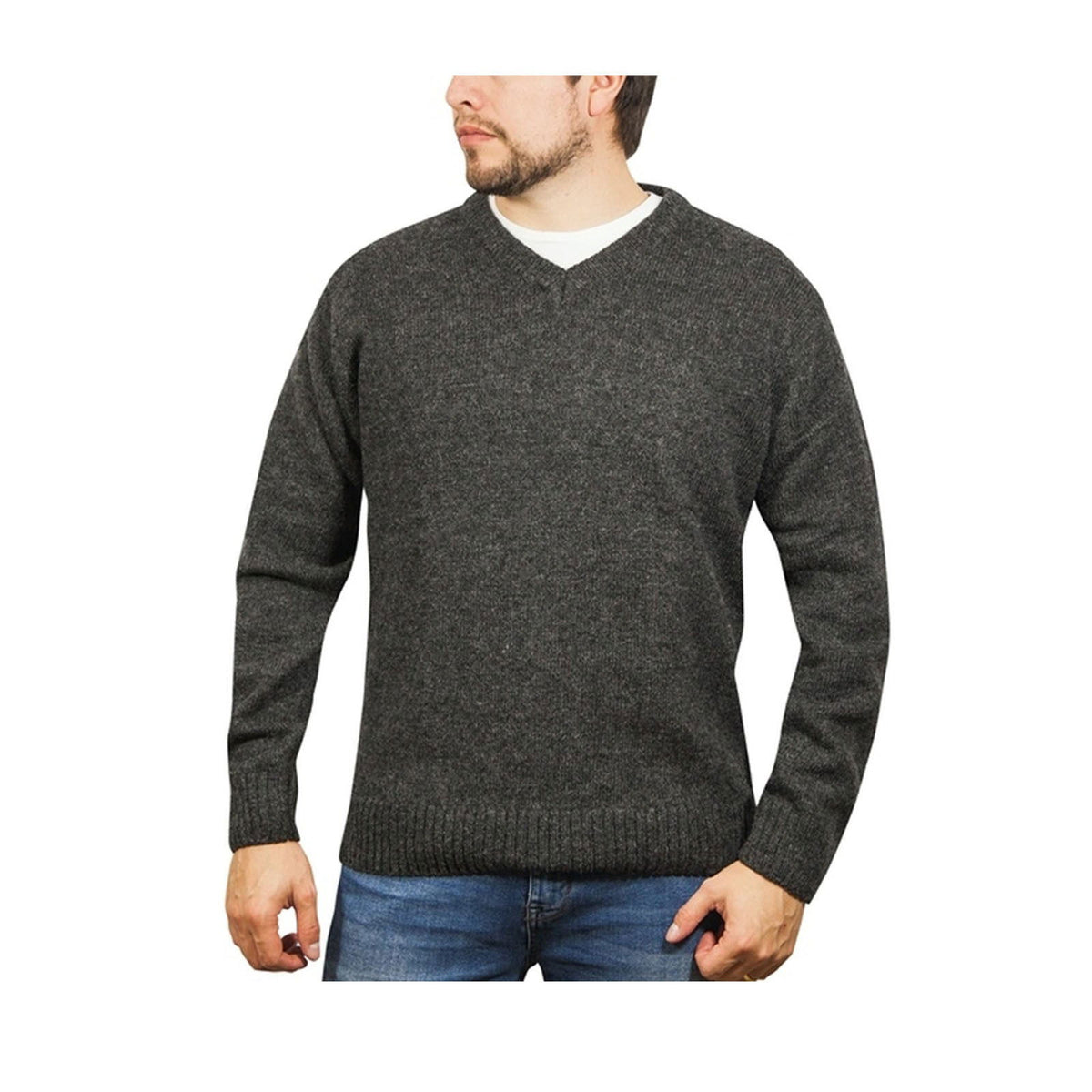 100% Shetland Wool V Neck Knit Jumper Pullover Mens Sweater Knitted - Charcoal (29) - XXL - Next Deals AU
