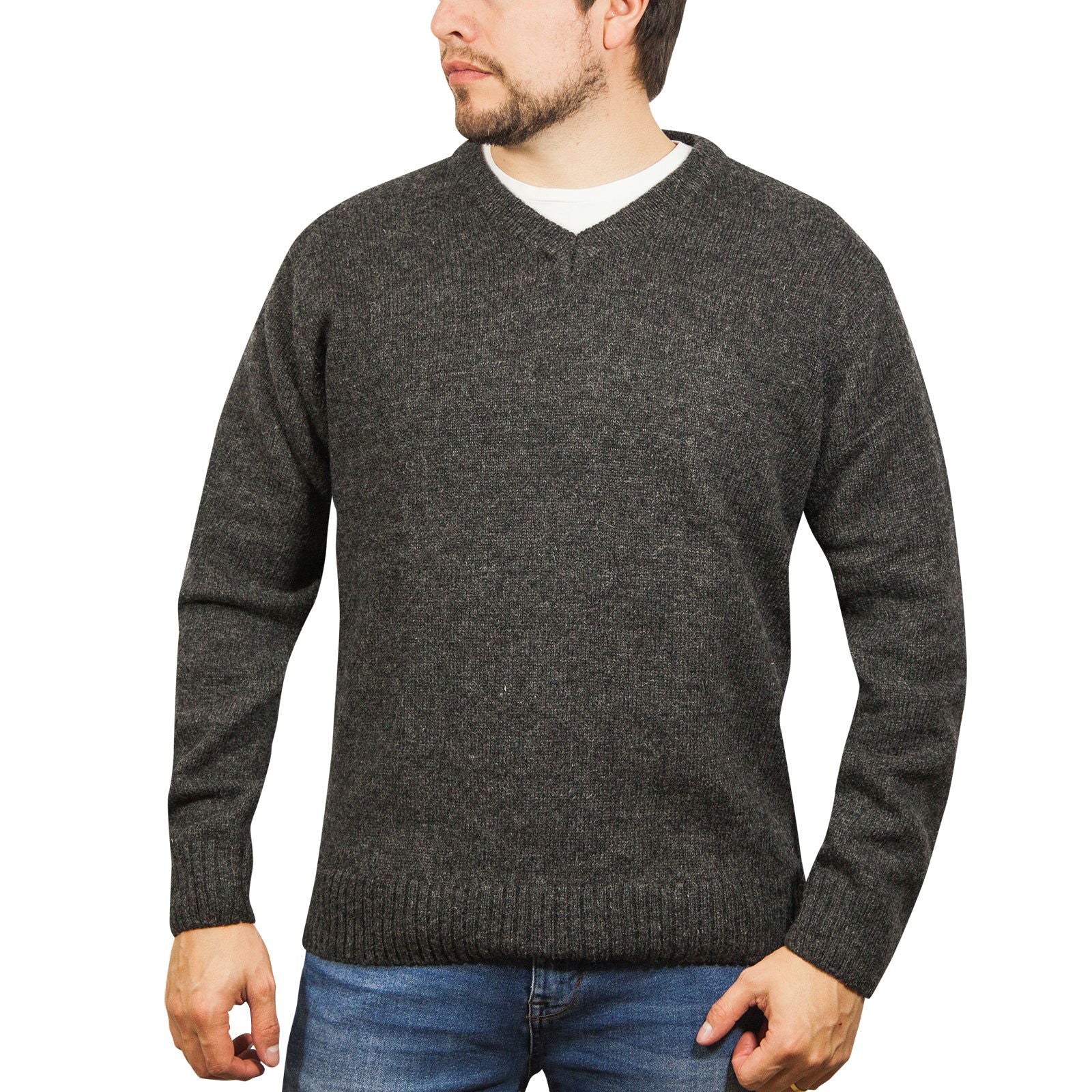 100% Shetland Wool V Neck Knit Jumper Pullover Mens Sweater Knitted - Charcoal (29) - XXL - Next Deals AU