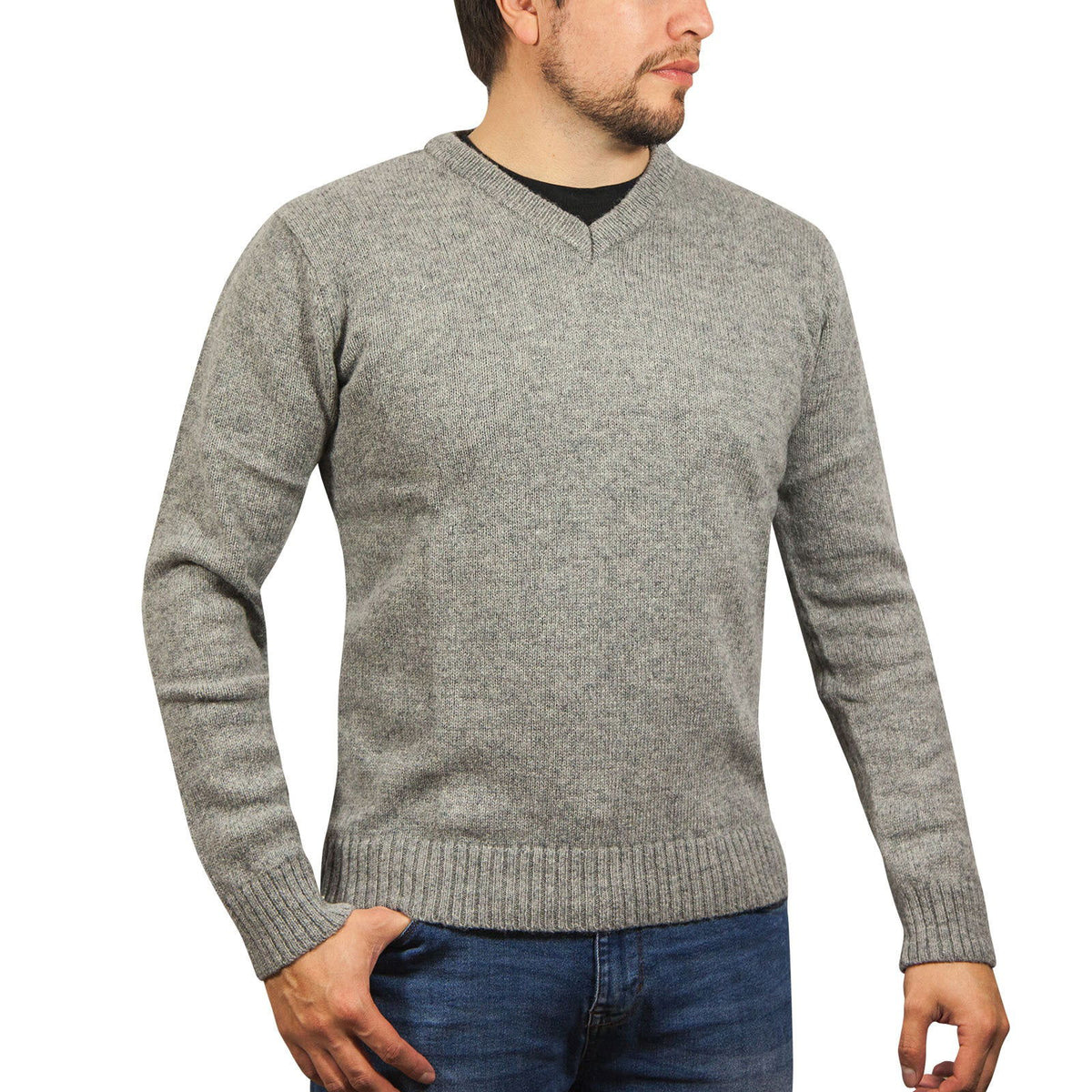 100% Shetland Wool V Neck Knit Jumper Pullover Mens Sweater Knitted - Grey (21) - L - Next Deals AU