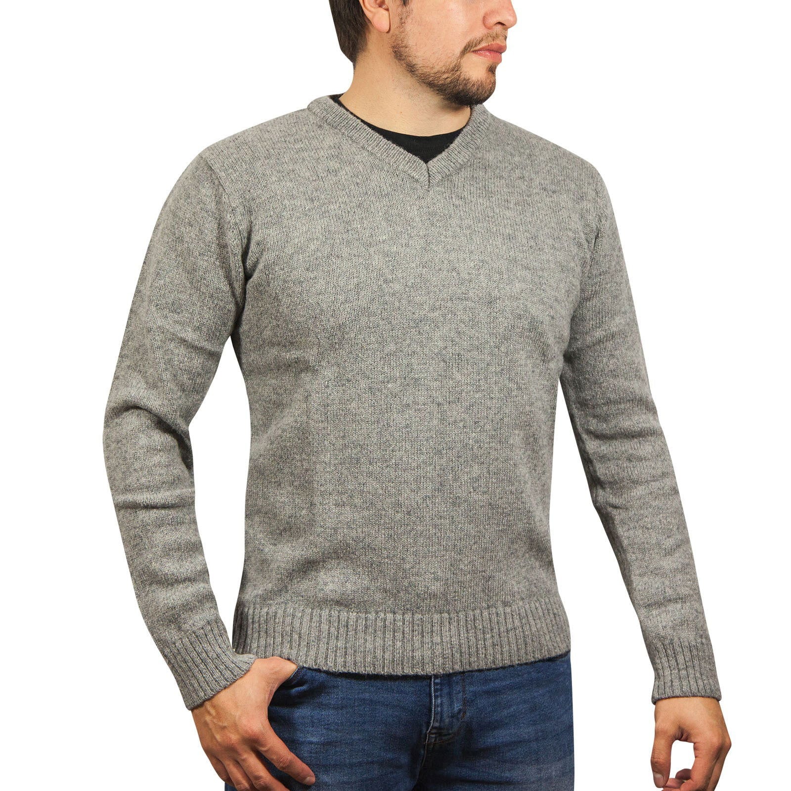 100% Shetland Wool V Neck Knit Jumper Pullover Mens Sweater Knitted - Grey (21) - M - Next Deals AU