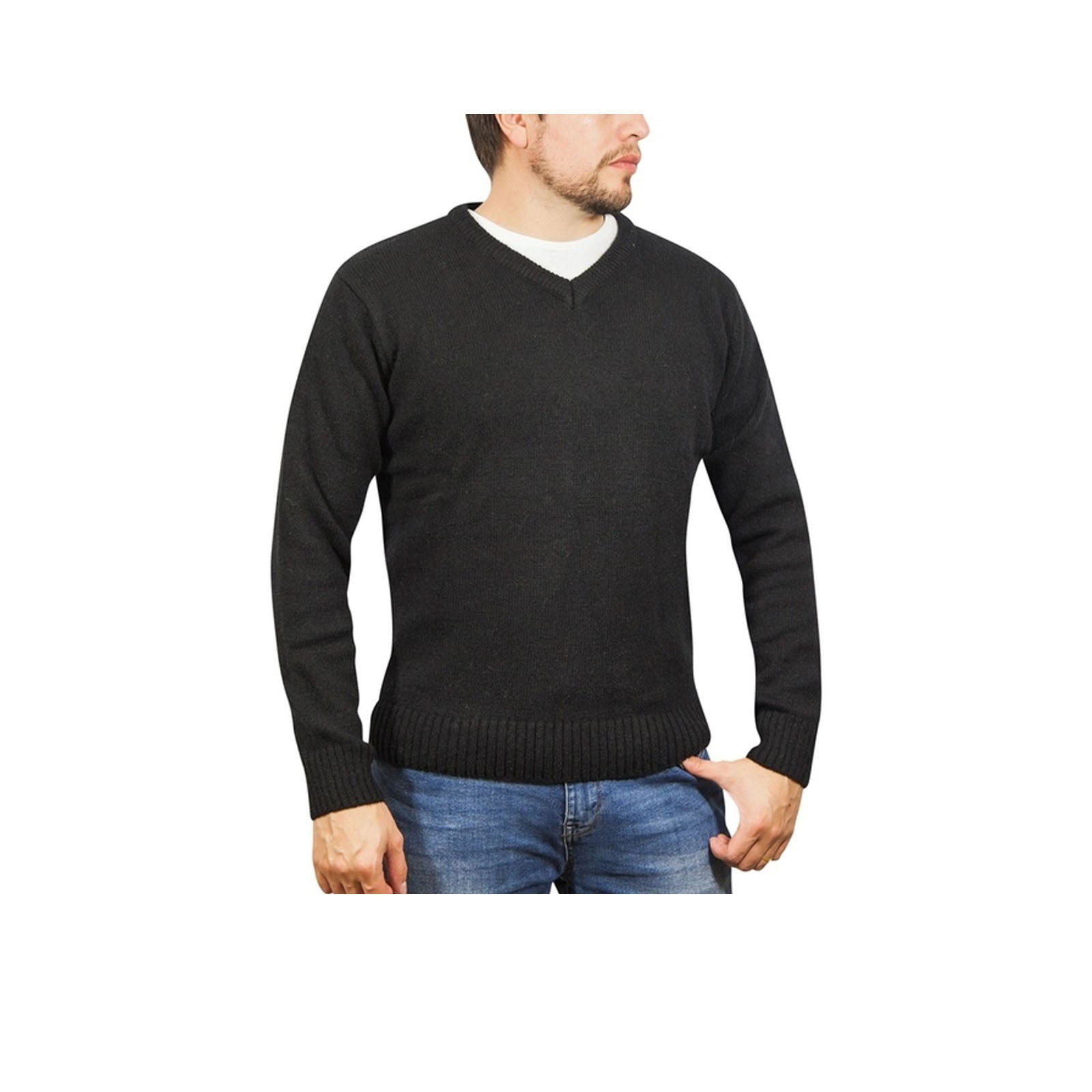 100% Shetland Wool V Neck Knit Jumper Pullover Mens Sweater Knitted - Plain Black - 5XL - Next Deals AU