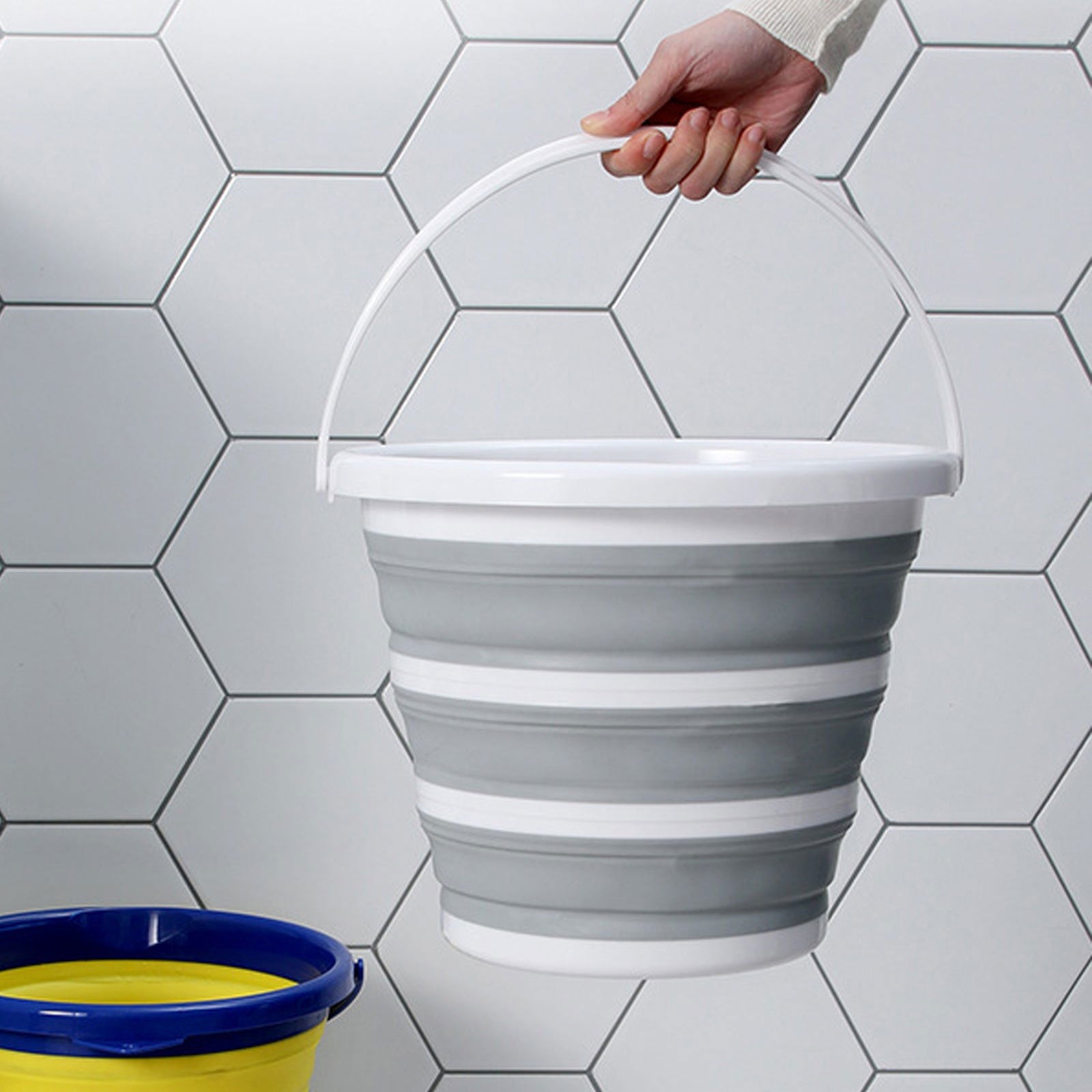 10 Litre Foldable Collapsible Bucket Silicone for Home/Hiking/Camping/Fishing - Grey/White - Next Deals AU