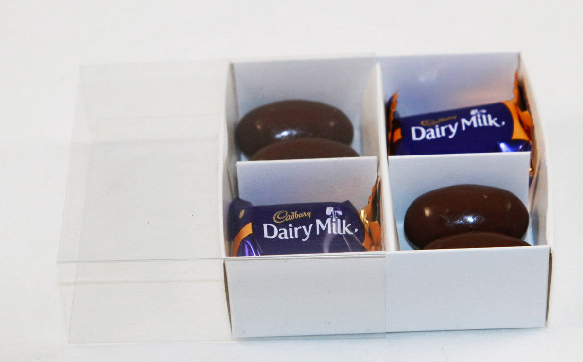 10 Pack of White Card Chocolate Sweet Soap Product Reatail Gift Box - 4 Bay Compartments - Clear Slide On Lid - 8x8x3cm - Next Deals AU