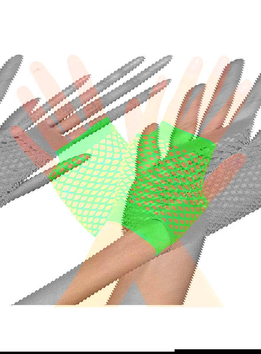 1 Pair Fishnet Gloves Fingerless Wrist Length 70s 80s Costume Party - Neon Green - Next Deals AU