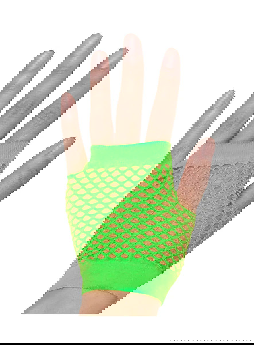 1 Pair Fishnet Gloves Fingerless Wrist Length 70s 80s Costume Party - Neon Green - Next Deals AU