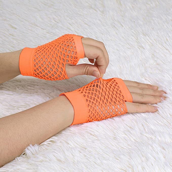 1 Pair Fishnet Gloves Fingerless Wrist Length 70s 80s Costume Party - Orange - Next Deals AU