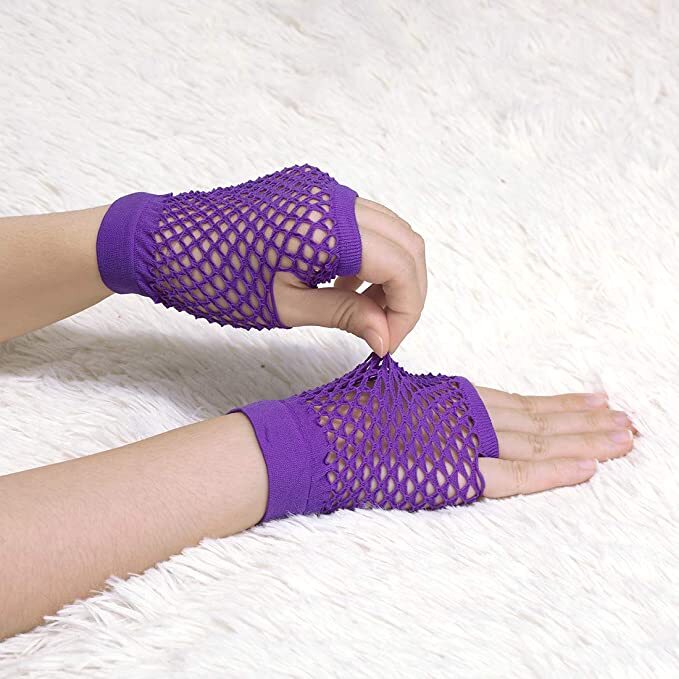 1 Pair Fishnet Gloves Fingerless Wrist Length 70s 80s Costume Party - Purple - Next Deals AU