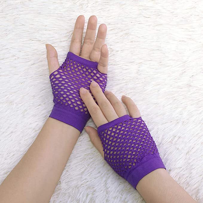 1 Pair Fishnet Gloves Fingerless Wrist Length 70s 80s Costume Party - Purple - Next Deals AU
