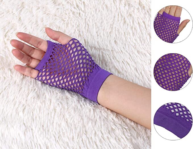 1 Pair Fishnet Gloves Fingerless Wrist Length 70s 80s Costume Party - Purple - Next Deals AU
