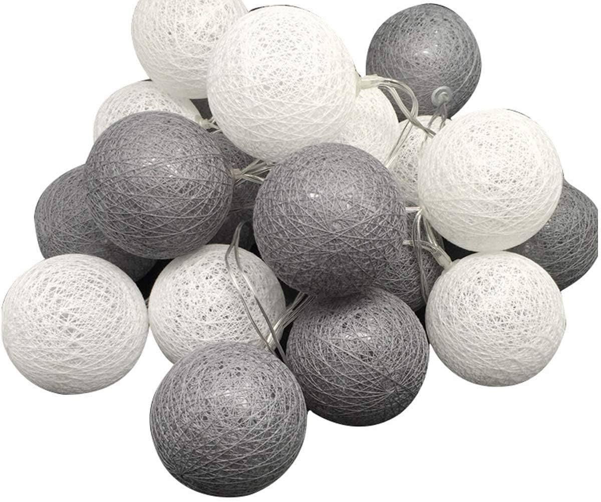 1 Set of 20 LED Grey White 5cm Cotton Ball Battery Powered String Lights Gift Home Wedding Party Bedroom Decoration Outdoor Indoor Table Centrepiece - Next Deals AU