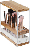 31 Holes Acrylic Bamboo Brush Holder Organiser Beauty Cosmetic Display Stand with Leather Drawer White (22.3 x 8.6 x 21.5 cm)