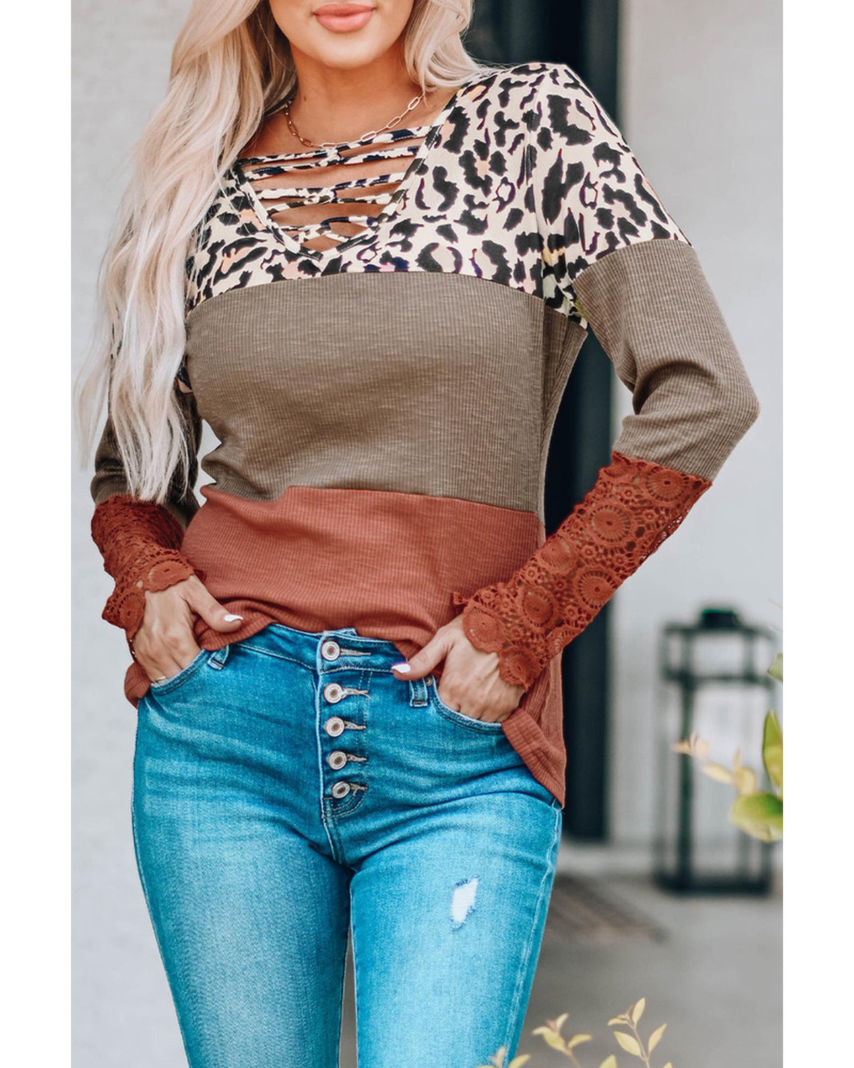 Azura Exchange Leopard Color Block Lace Splicing Top - S