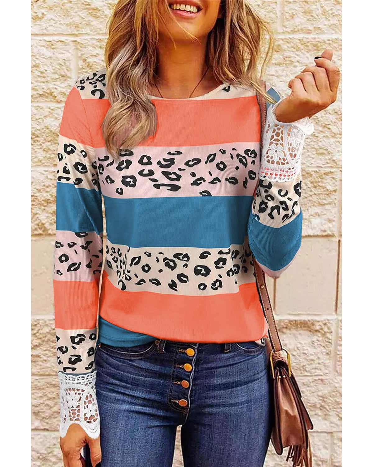 Azura Exchange Leopard Lace Splicing Color Block Top - L