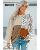 Azura Exchange Ribbed Khaki Leopard Patchwork Long Sleeve Top - S