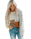 Azura Exchange Ribbed Khaki Leopard Patchwork Long Sleeve Top - S