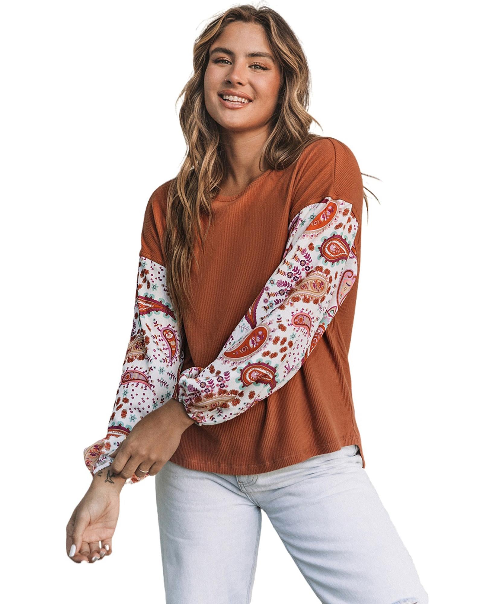 Azura Exchange Contrast Bubble Sleeve Ribbed Top - L